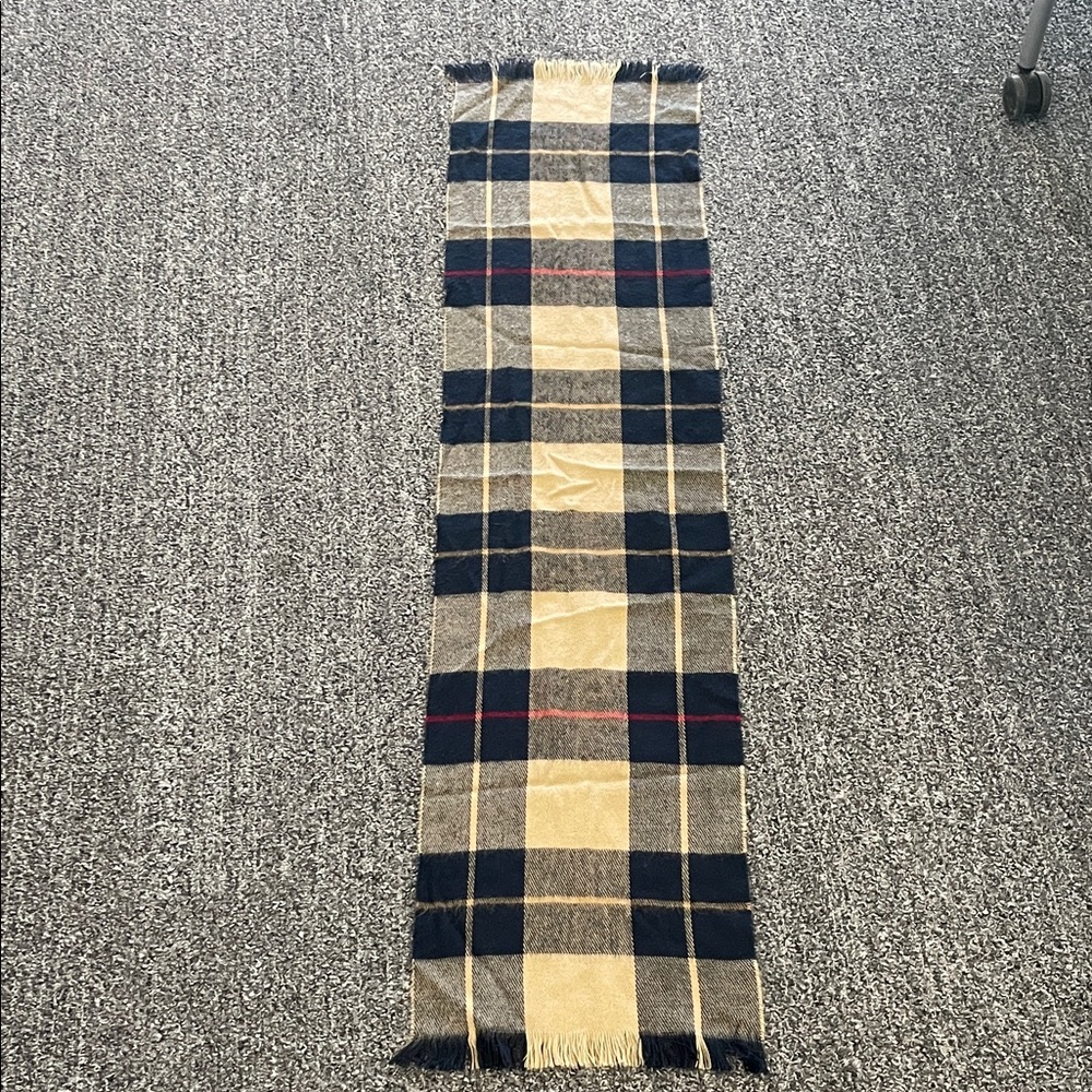 🧣 100% Wool Plaid Scarf | Unisex | Classic Winter Wrap | Navy, Tan & Red